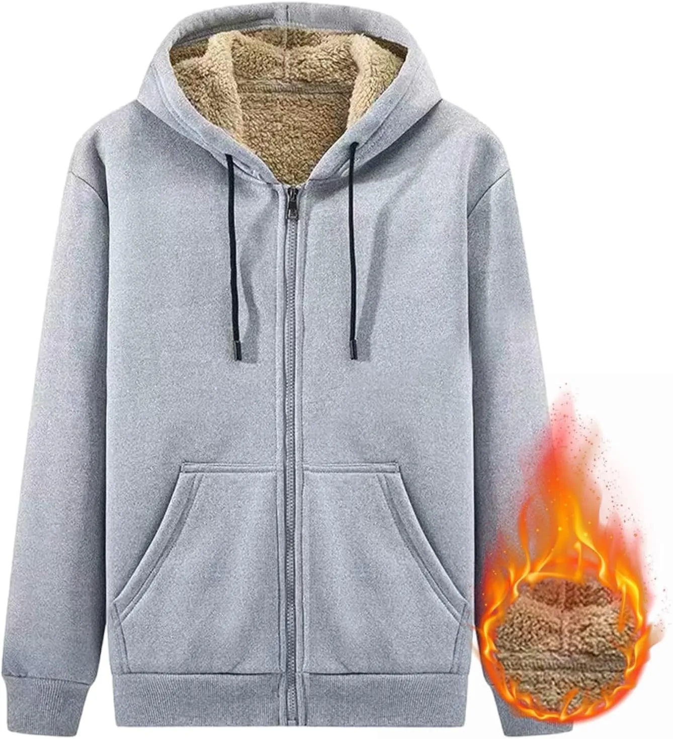 Mens Fall Winter Thickened Plush Cardigan Casual Zip Up Hoodie Jacket New Solid Drawstring Fleece Lined Hooded Coat