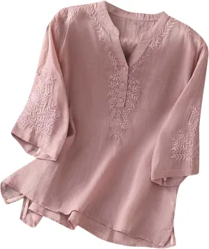 Mexican Tops for Women Vacation Summer Embroidered Blouses V Neck Button Down T-Shirt Short Sleeve Shirt