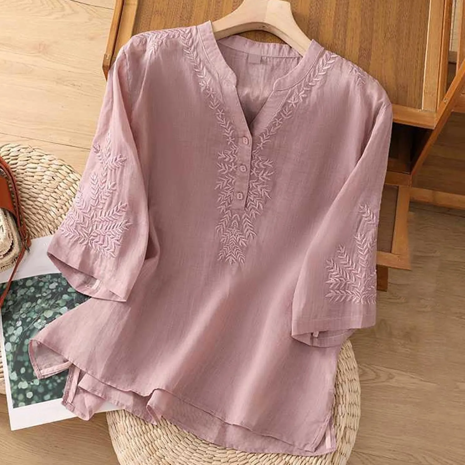 Mexican Tops for Women Vacation Summer Embroidered Blouses V Neck Button Down T-Shirt Short Sleeve Shirt