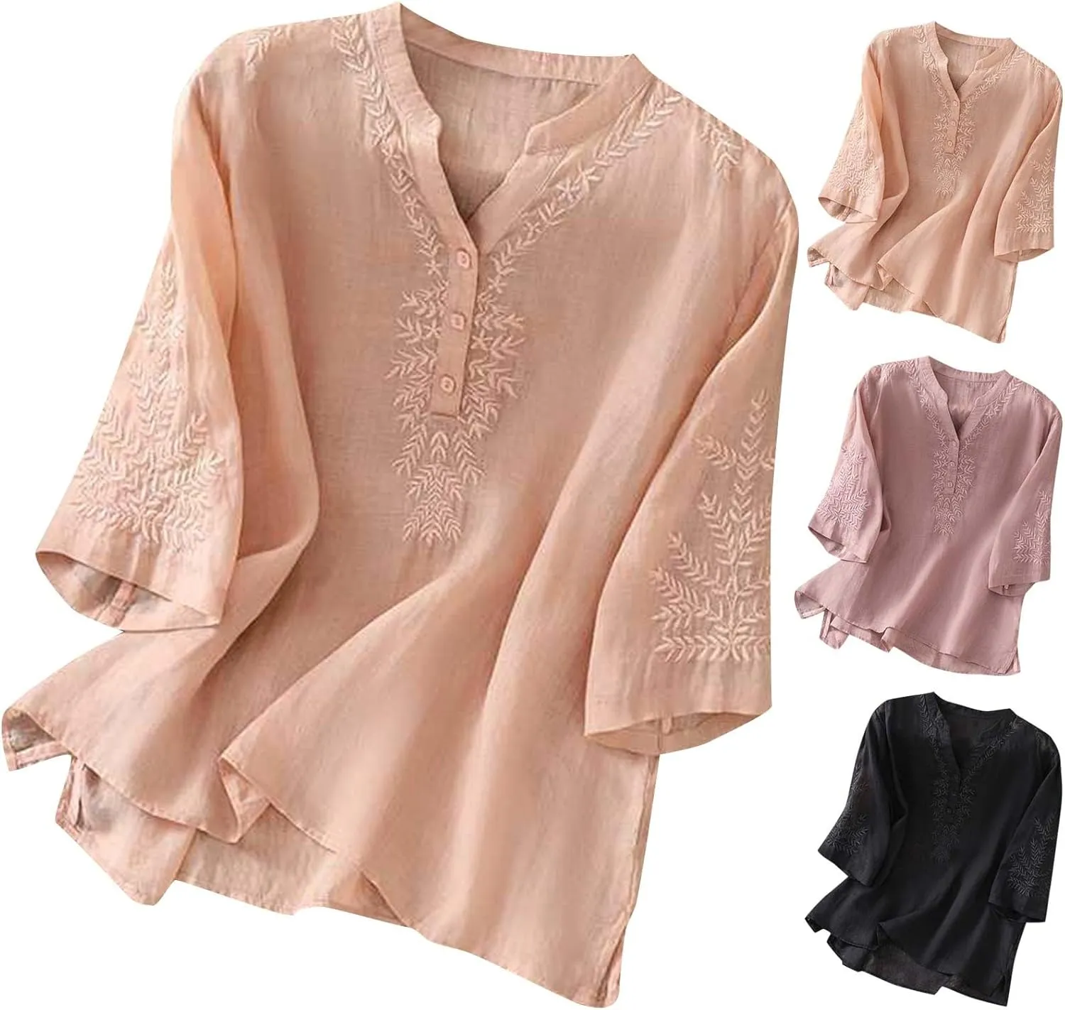 Mexican Tops for Women Vacation Summer Embroidered Blouses V Neck Button Down T-Shirt Short Sleeve Shirt