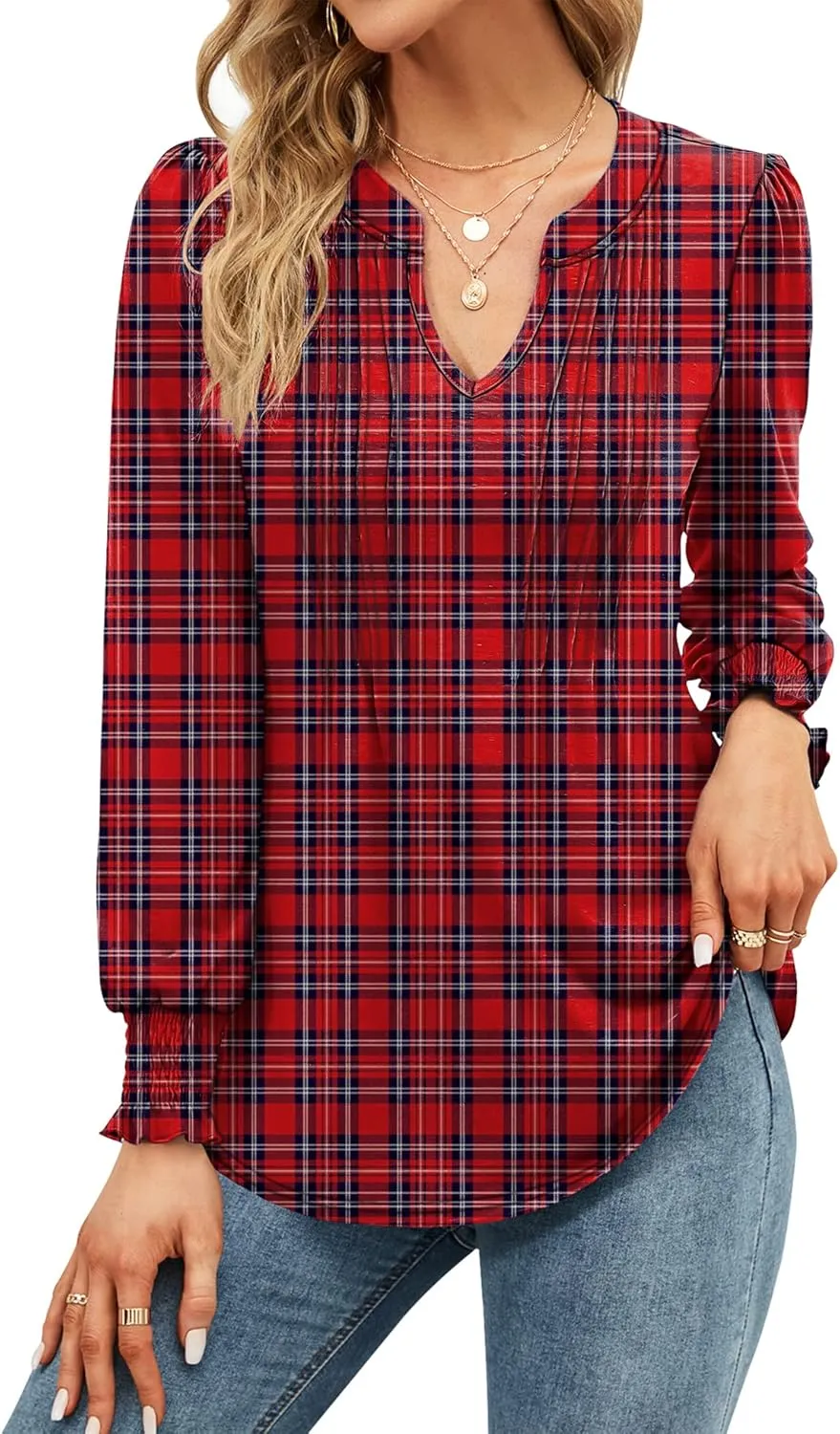 Micoson Womens V Neck Puff Short Sleeve Pleated T Shirts Fashion Summer Tops Casual Tunic Blouse