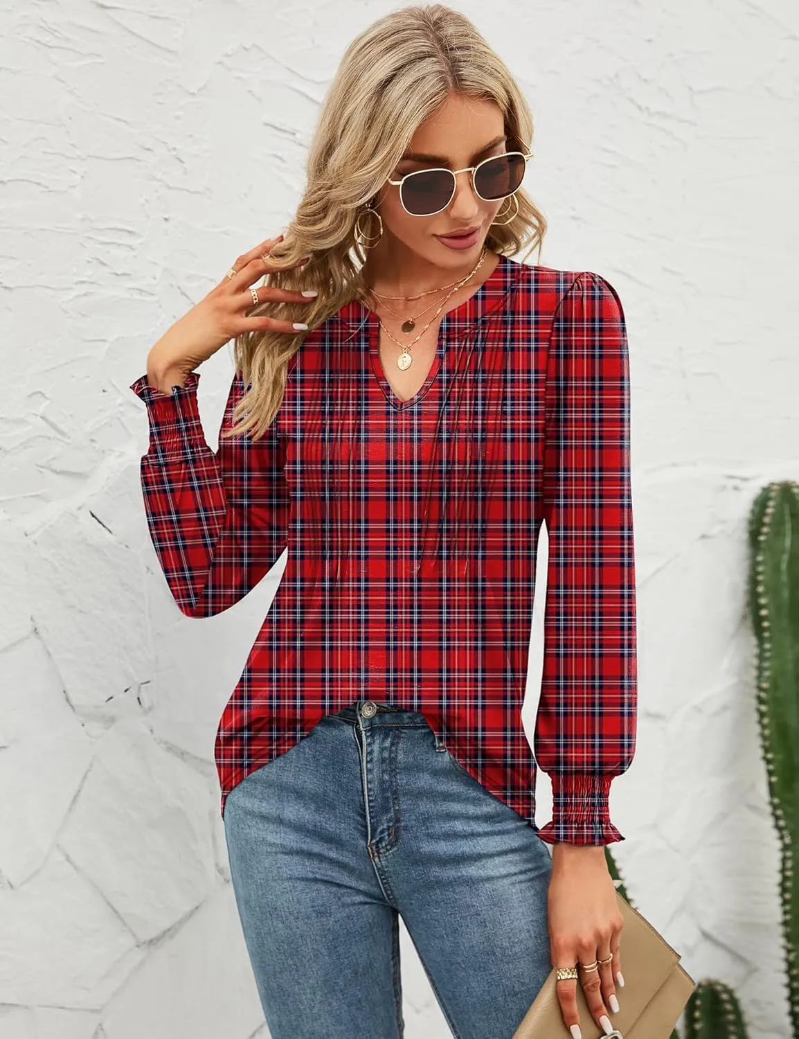 Micoson Womens V Neck Puff Short Sleeve Pleated T Shirts Fashion Summer Tops Casual Tunic Blouse