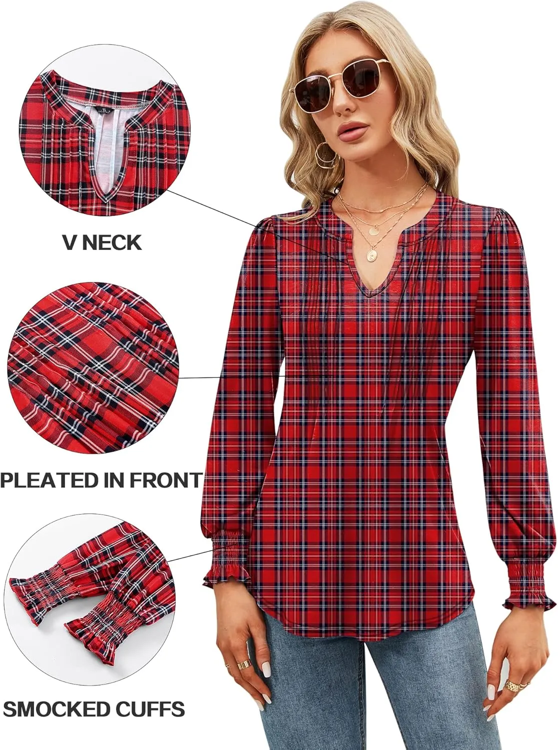 Micoson Womens V Neck Puff Short Sleeve Pleated T Shirts Fashion Summer Tops Casual Tunic Blouse