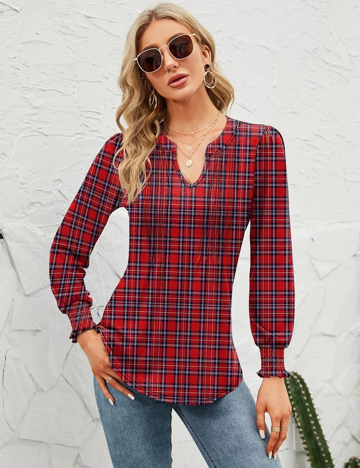 Micoson Womens V Neck Puff Short Sleeve Pleated T Shirts Fashion Summer Tops Casual Tunic Blouse
