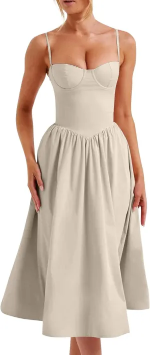 midelxp Corset Dress for Women Formal Spaghetti Strap Bustier Midi Dresses Flowy Pleated Hem Corset Sundress with Pockets