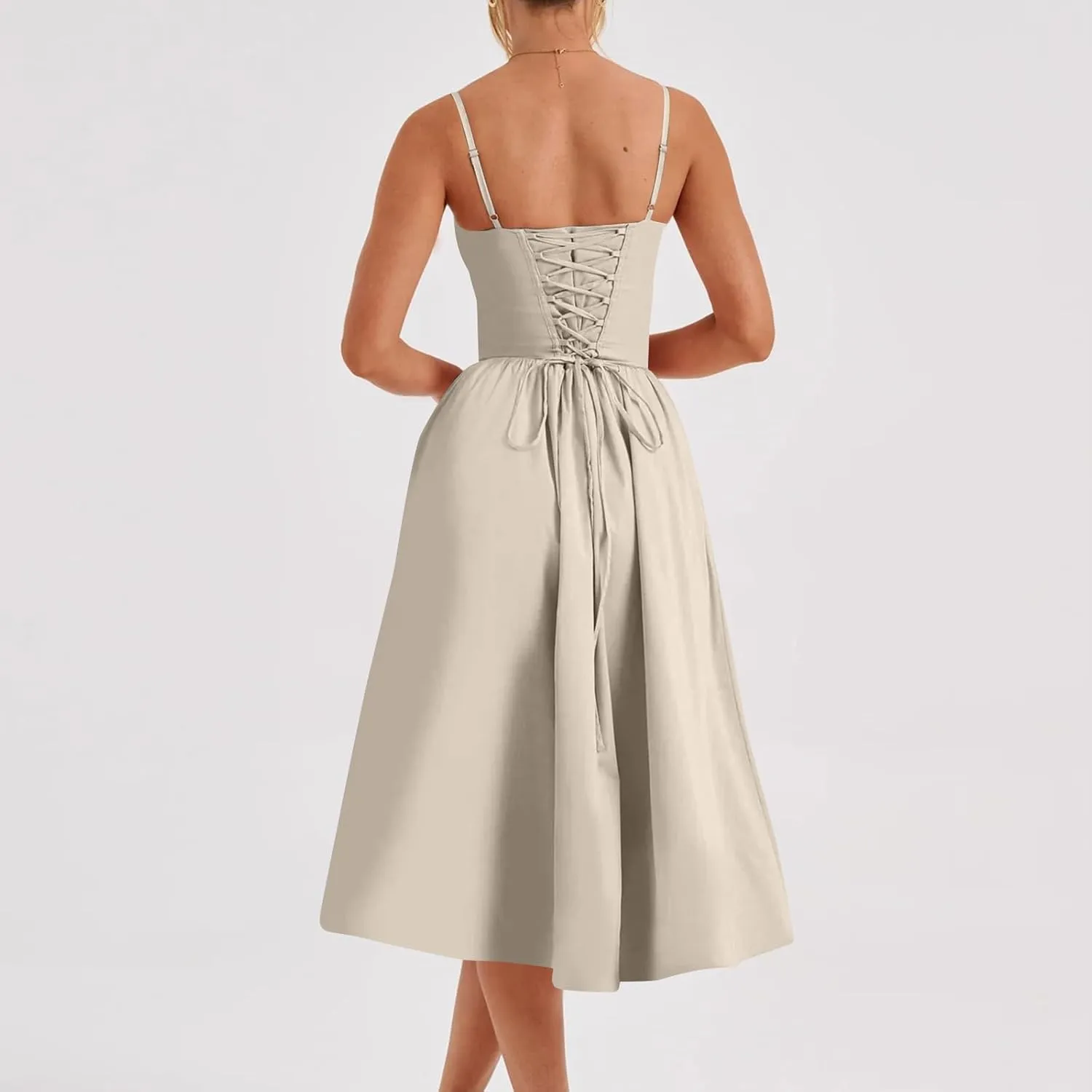 midelxp Corset Dress for Women Formal Spaghetti Strap Bustier Midi Dresses Flowy Pleated Hem Corset Sundress with Pockets