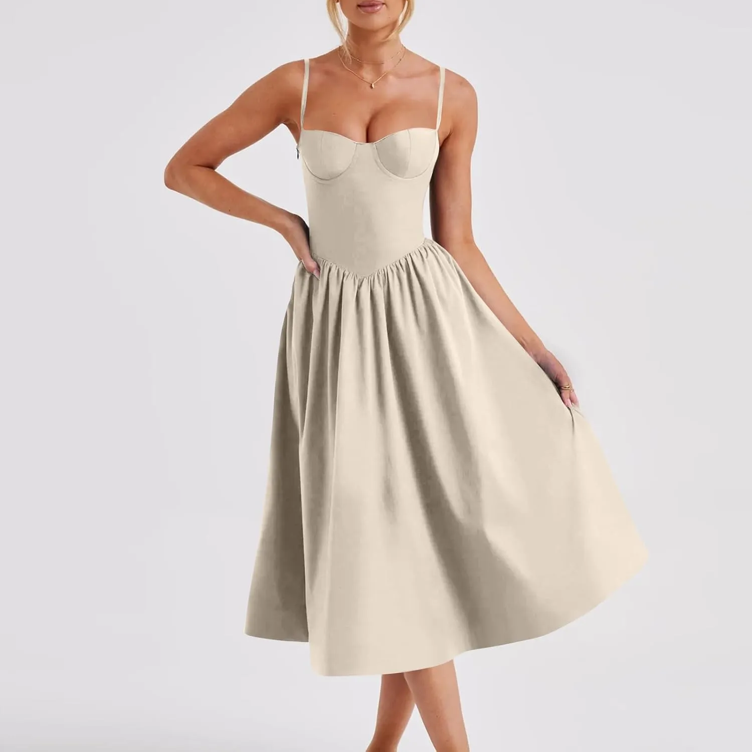 midelxp Corset Dress for Women Formal Spaghetti Strap Bustier Midi Dresses Flowy Pleated Hem Corset Sundress with Pockets