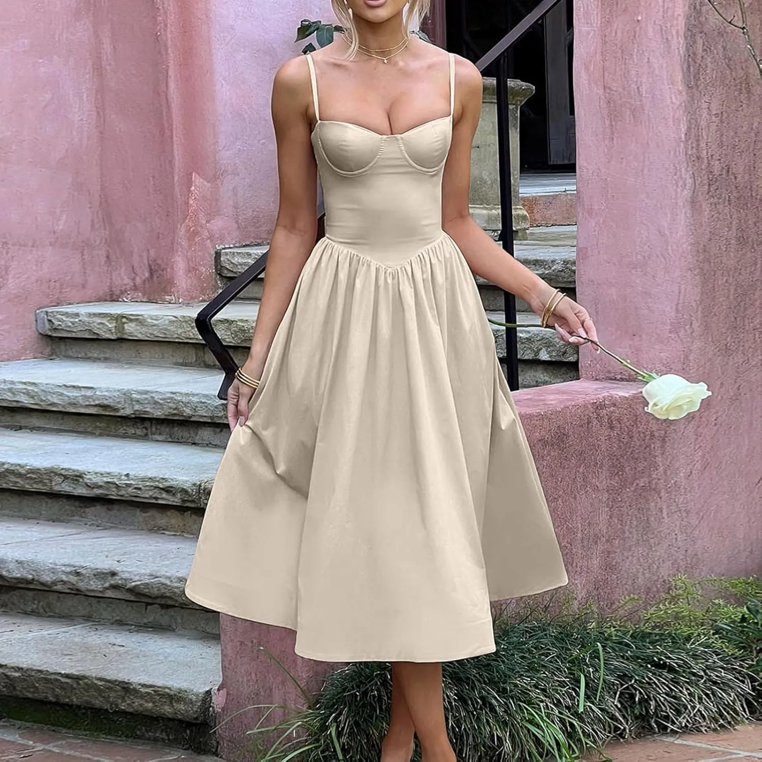 midelxp Corset Dress for Women Formal Spaghetti Strap Bustier Midi Dresses Flowy Pleated Hem Corset Sundress with Pockets