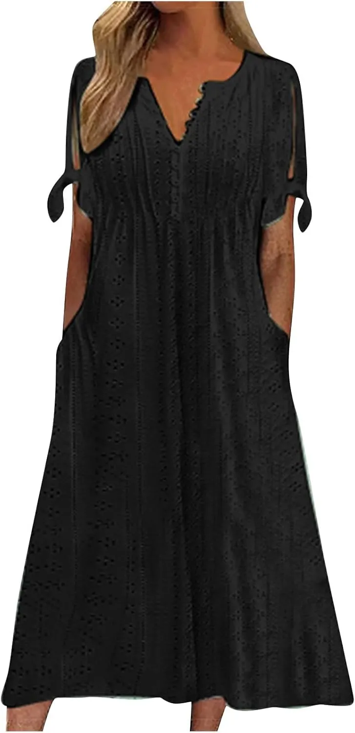 midelxp Summer Long Dresses for Women 2025 Trendy Stretchy Hollow Out Short Sleeve Tshirt Dress Casual Beach Vacation Dress