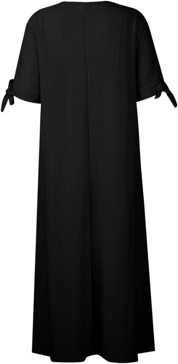 midelxp Summer Long Dresses for Women 2025 Trendy Stretchy Hollow Out Short Sleeve Tshirt Dress Casual Beach Vacation Dress