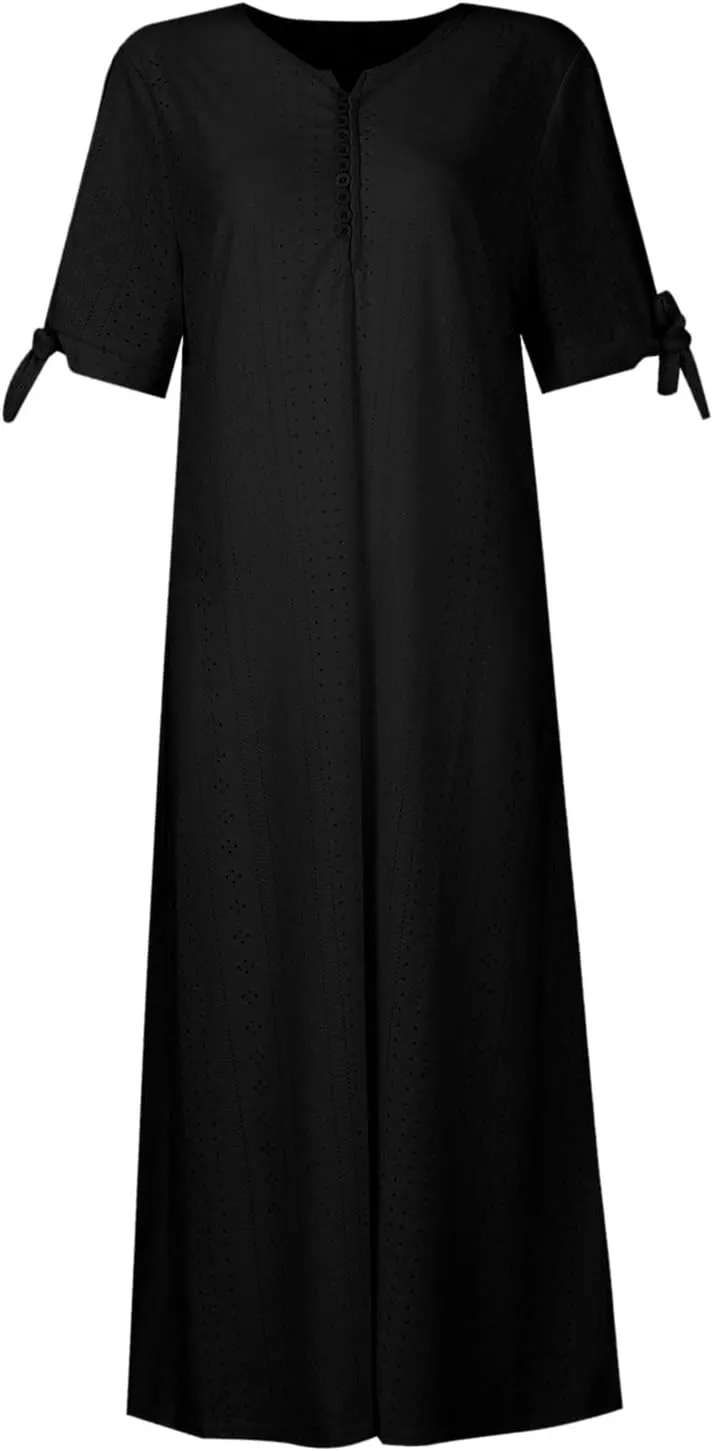 midelxp Summer Long Dresses for Women 2025 Trendy Stretchy Hollow Out Short Sleeve Tshirt Dress Casual Beach Vacation Dress
