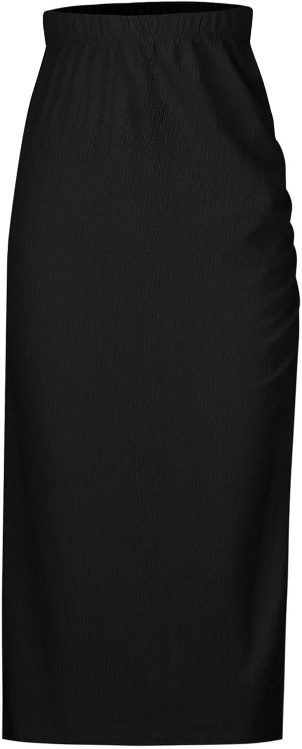 Midi Skirts for Women High Waisted Pencil Skirt with Split Ruched Bodycon Skirts Elastic Maxi Skirt Casual Skirts