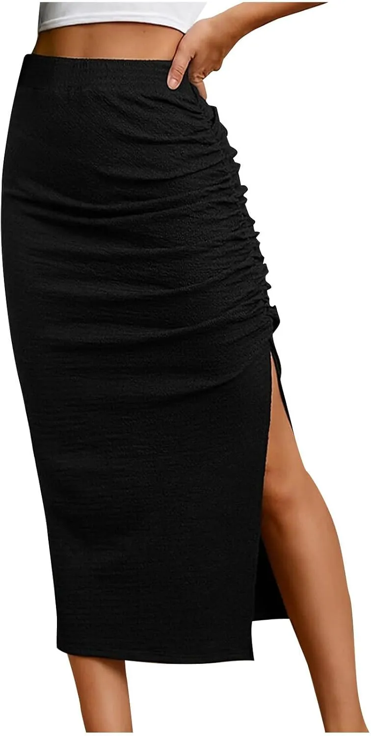Midi Skirts for Women High Waisted Pencil Skirt with Split Ruched Bodycon Skirts Elastic Maxi Skirt Casual Skirts