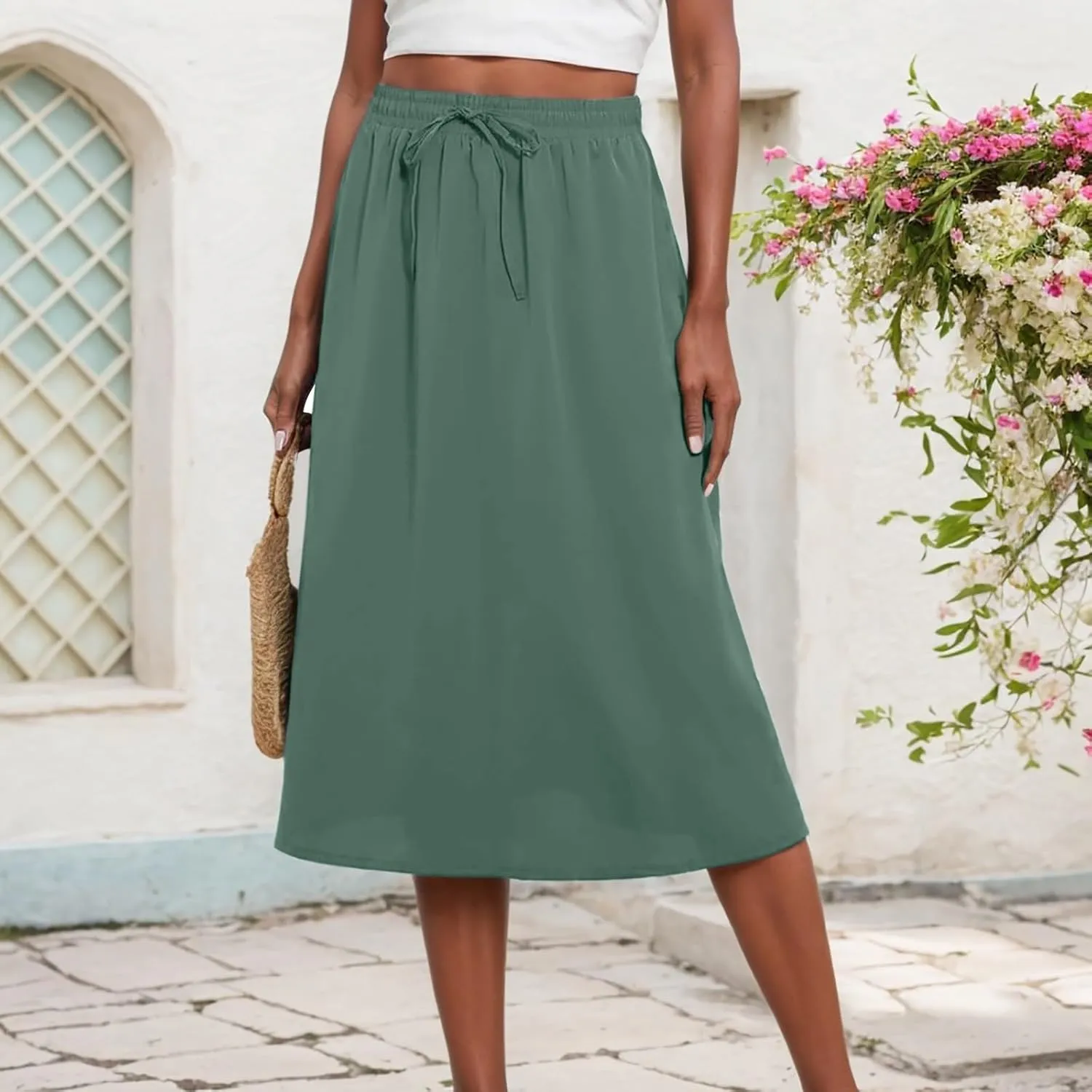Midi Skirts for Women Summer Casual Flow A Line Elastic Tie Waist Swing Long Skirt Dress with Pockets Trendy Outfits