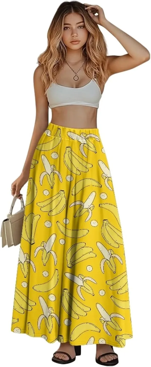 Midi Skirts for Womens Elastic Summer Fall Long Skirts Ultra-Soft Flared Skirts with Pockets Below The Knee Skirts