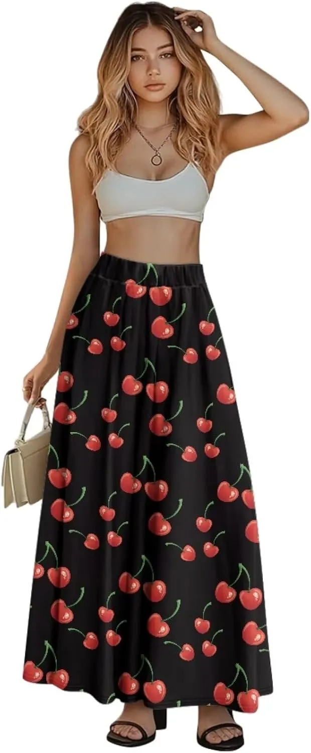Midi Skirts for Womens Elastic Summer Fall Long Skirts Ultra-Soft Flared Skirts with Pockets Below The Knee Skirts
