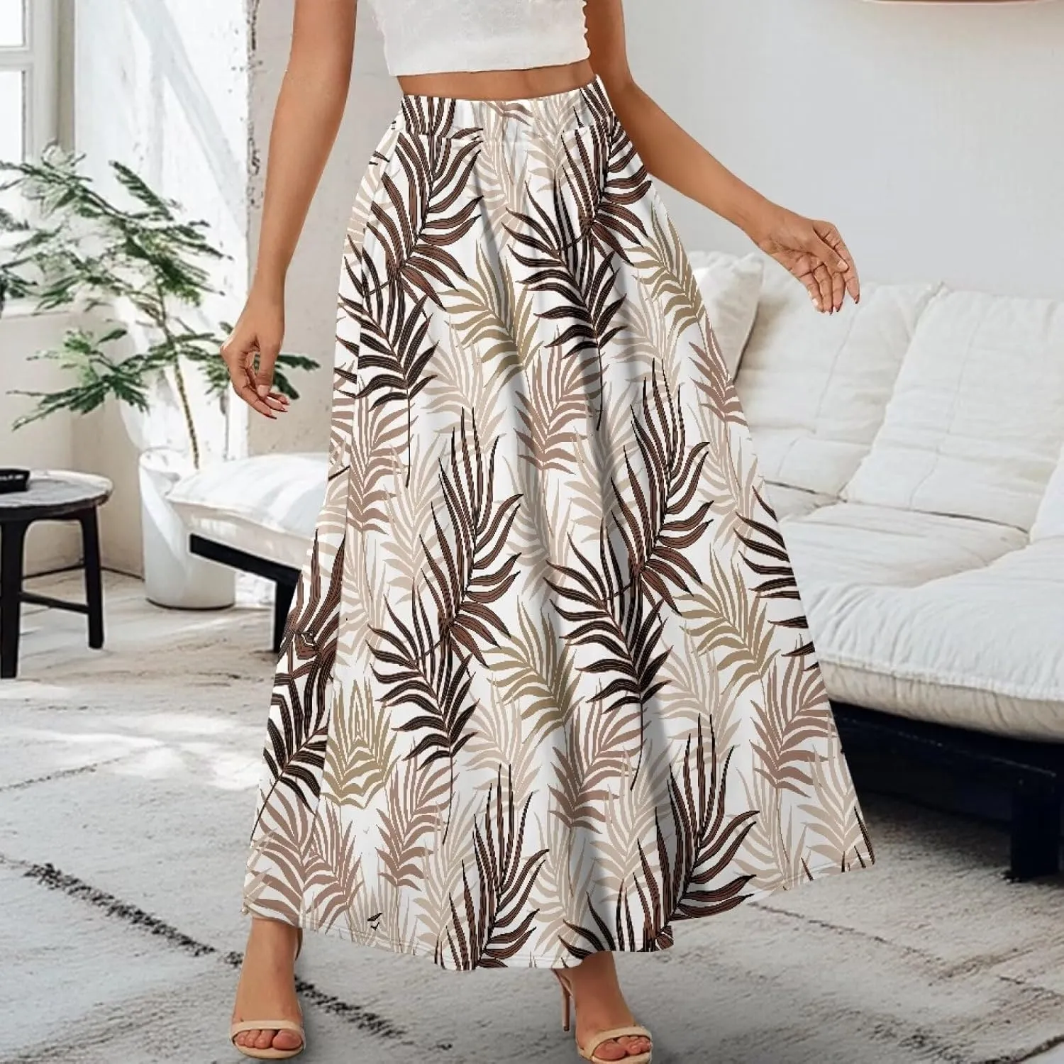 Midi Skirts for Womens Elastic Summer Fall Long Skirts Ultra-Soft Flared Skirts with Pockets Below The Knee Skirts