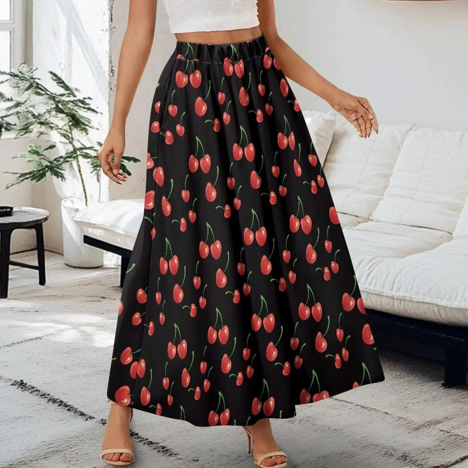 Midi Skirts for Womens Elastic Summer Fall Long Skirts Ultra-Soft Flared Skirts with Pockets Below The Knee Skirts