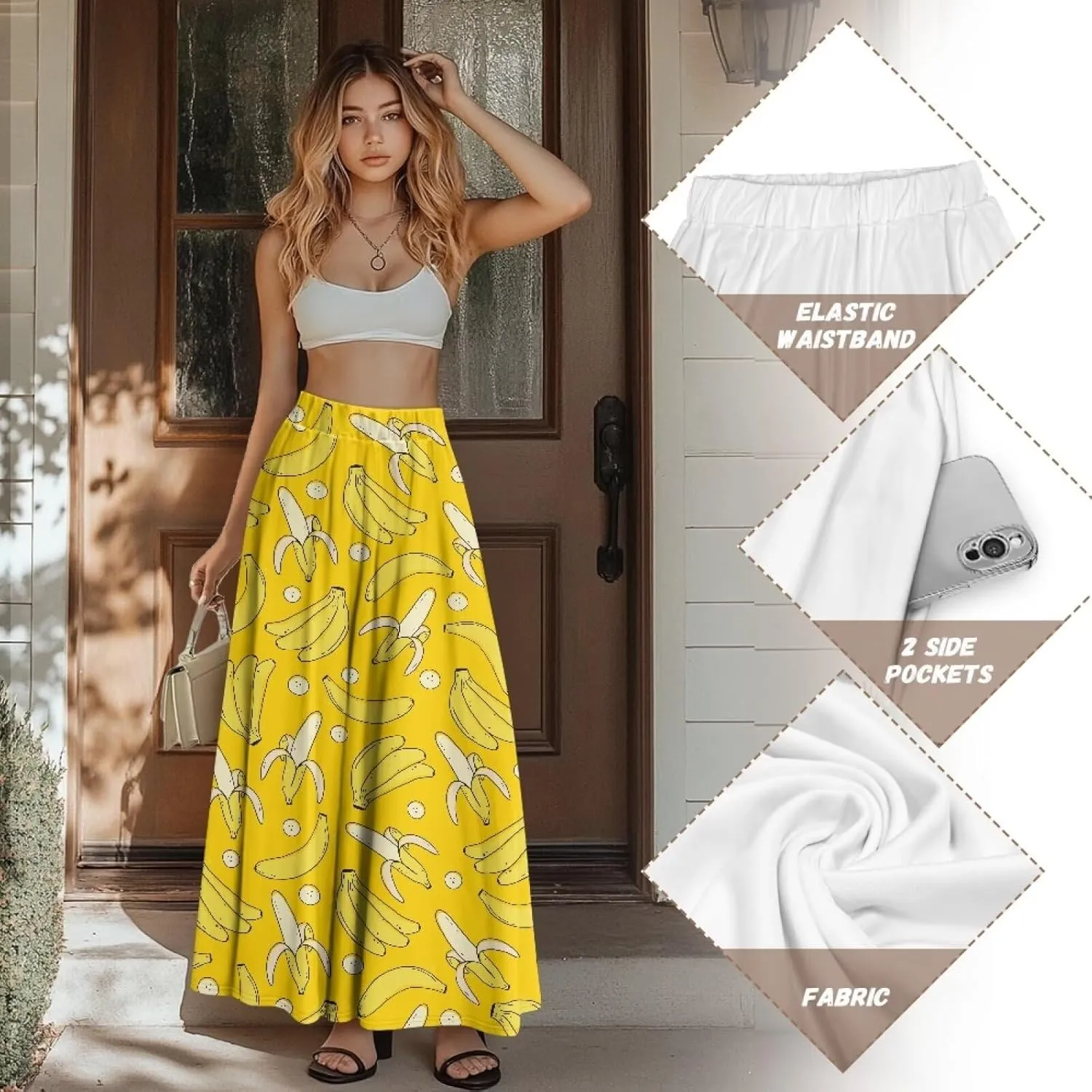 Midi Skirts for Womens Elastic Summer Fall Long Skirts Ultra-Soft Flared Skirts with Pockets Below The Knee Skirts
