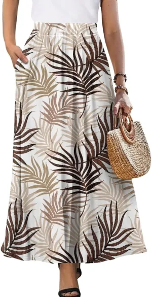 Midi Skirts for Womens Elastic Summer Fall Long Skirts Ultra-Soft Flared Skirts with Pockets Below The Knee Skirts
