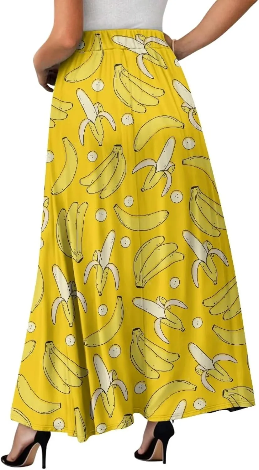 Midi Skirts for Womens Elastic Summer Fall Long Skirts Ultra-Soft Flared Skirts with Pockets Below The Knee Skirts