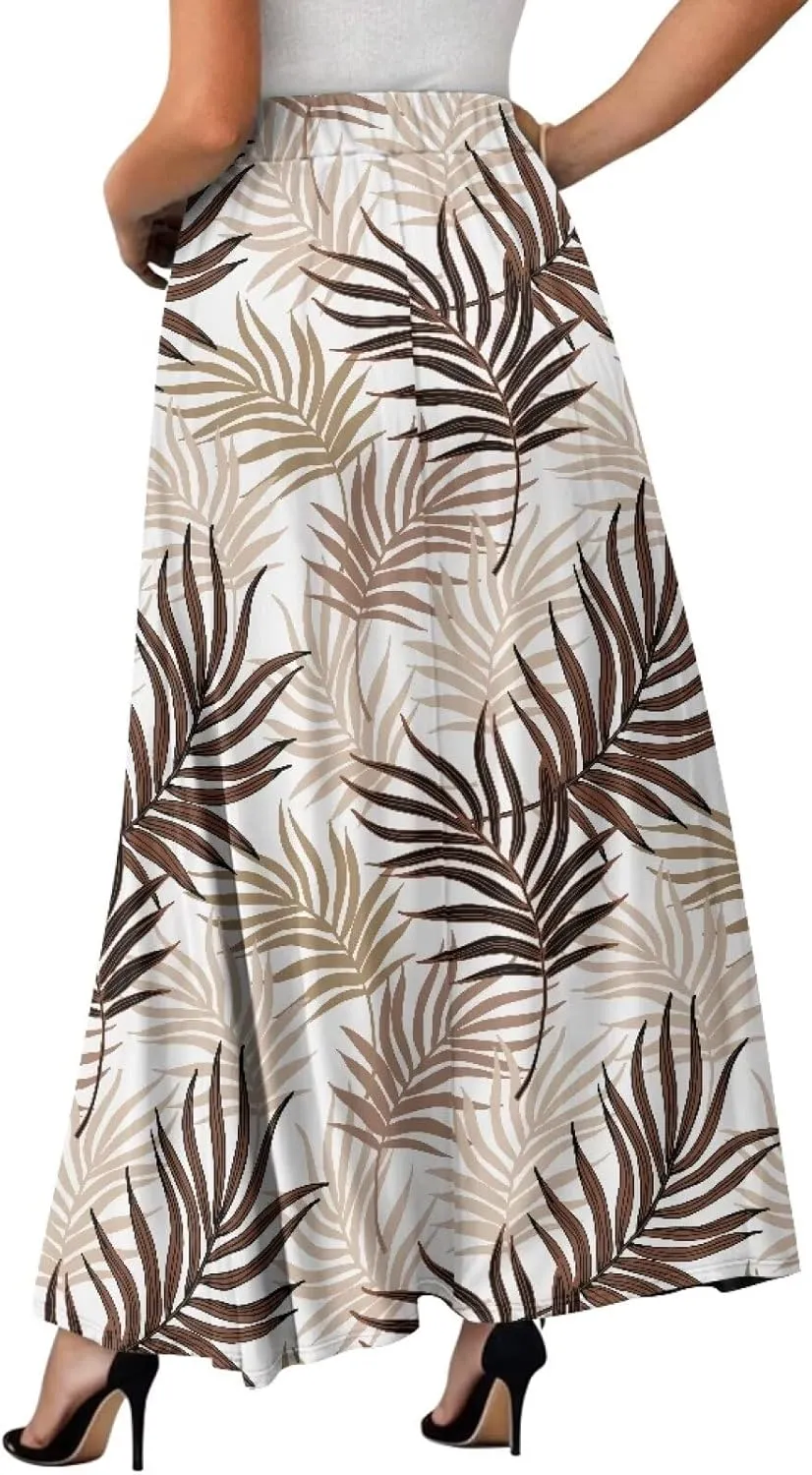 Midi Skirts for Womens Elastic Summer Fall Long Skirts Ultra-Soft Flared Skirts with Pockets Below The Knee Skirts