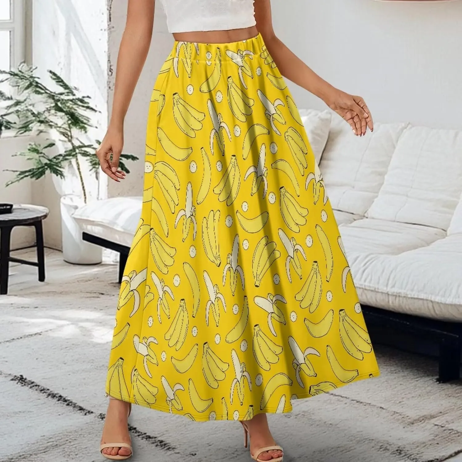 Midi Skirts for Womens Elastic Summer Fall Long Skirts Ultra-Soft Flared Skirts with Pockets Below The Knee Skirts