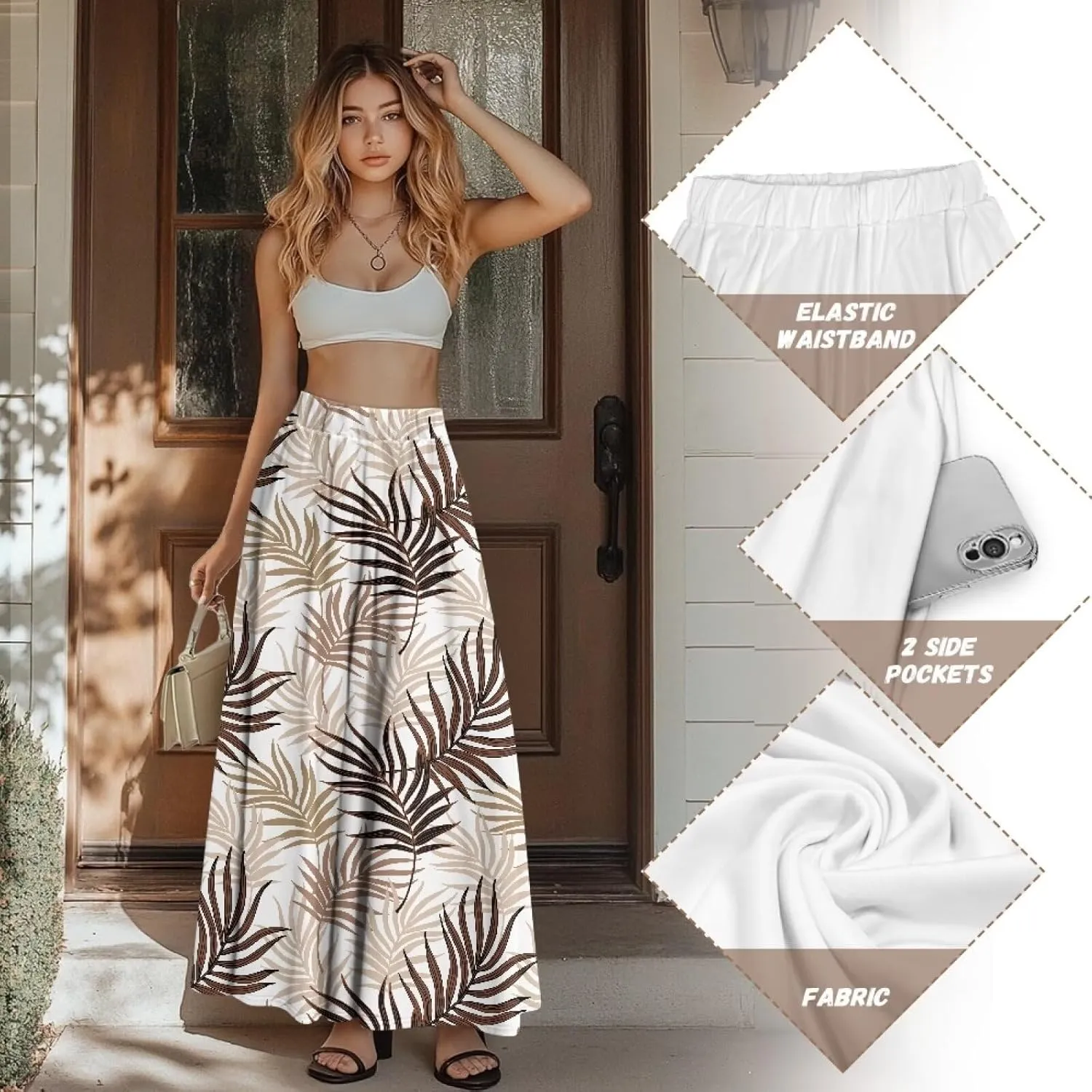Midi Skirts for Womens Elastic Summer Fall Long Skirts Ultra-Soft Flared Skirts with Pockets Below The Knee Skirts
