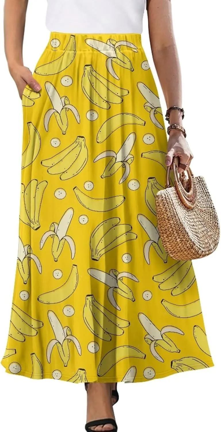 Midi Skirts for Womens Elastic Summer Fall Long Skirts Ultra-Soft Flared Skirts with Pockets Below The Knee Skirts