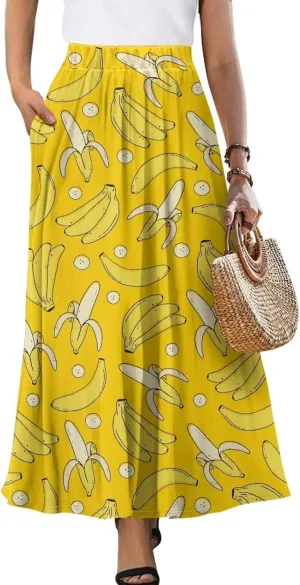 Midi Skirts for Womens Elastic Summer Fall Long Skirts Ultra-Soft Flared Skirts with Pockets Below The Knee Skirts