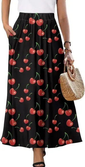 Midi Skirts for Womens Elastic Summer Fall Long Skirts Ultra-Soft Flared Skirts with Pockets Below The Knee Skirts