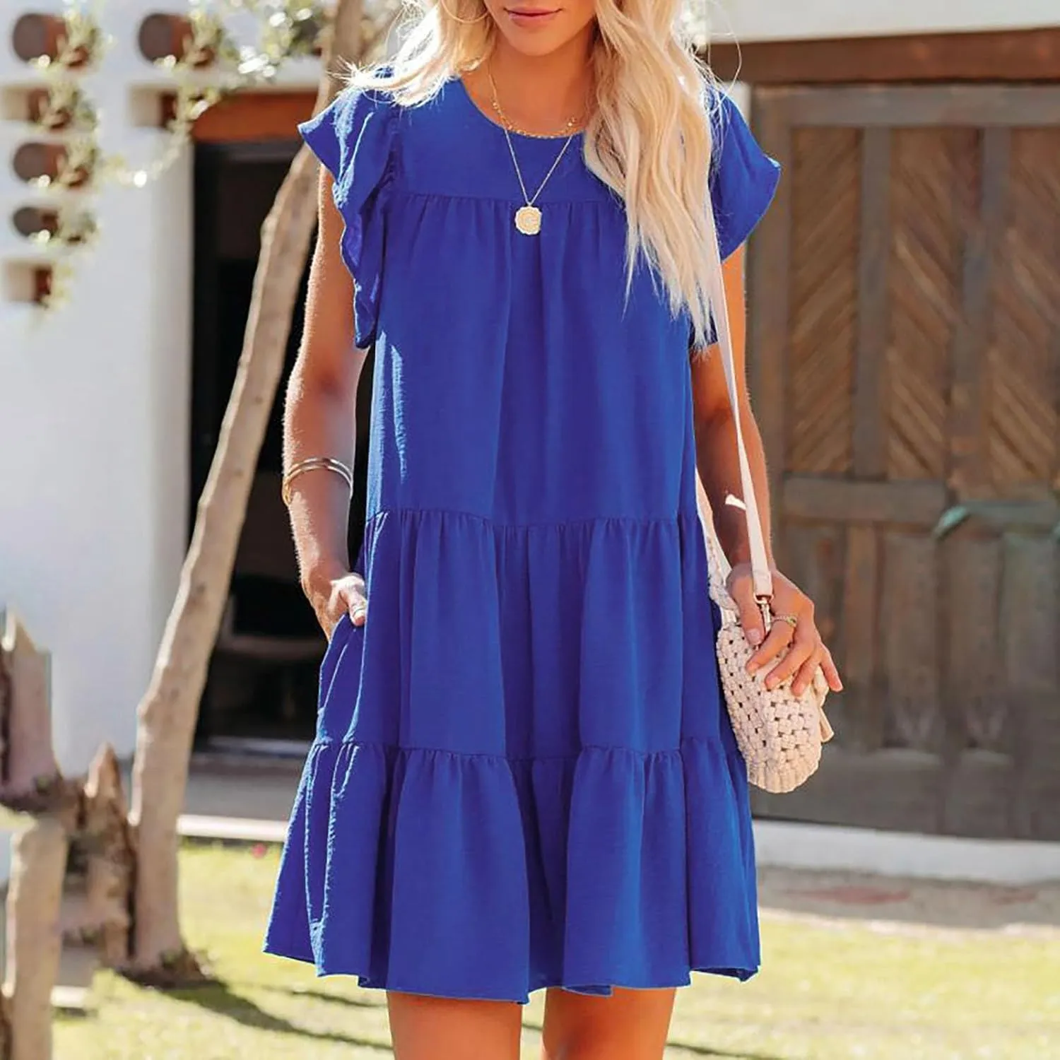 Mini Summer Dresses for Women 2025 Casual Dress Flutter Sleeve Dresses Beach Sun Dress with Pockets Ruffle Dresses