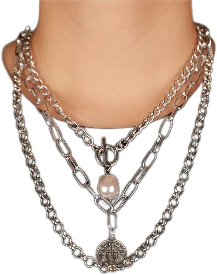 Missgrace Silver Chunky Pearls Choker Necklaces Dainty Layering Chain Necklace Simple Adjustable Coin Pendant Necklaces Punk Bar Necklaces for Women (Silver)