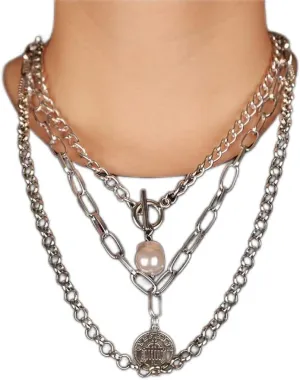 Missgrace Silver Chunky Pearls Choker Necklaces Dainty Layering Chain Necklace Simple Adjustable Coin Pendant Necklaces Punk Bar Necklaces for Women (Silver)