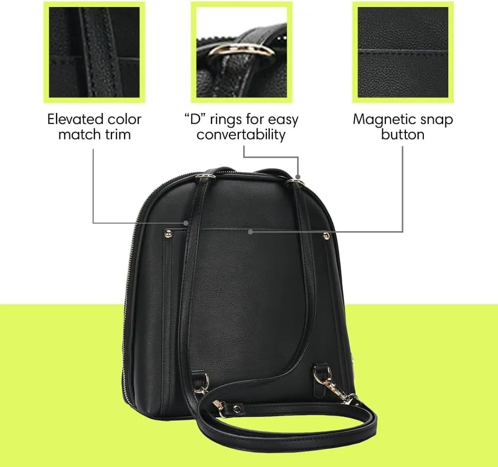 Miztique The Daisy Convertible Backpack Purse for Women (Black) | Soft Vegan Leather Shoulder Strap Bag or Convertible Backpack | 10.5in x 4in x 11.5in |
