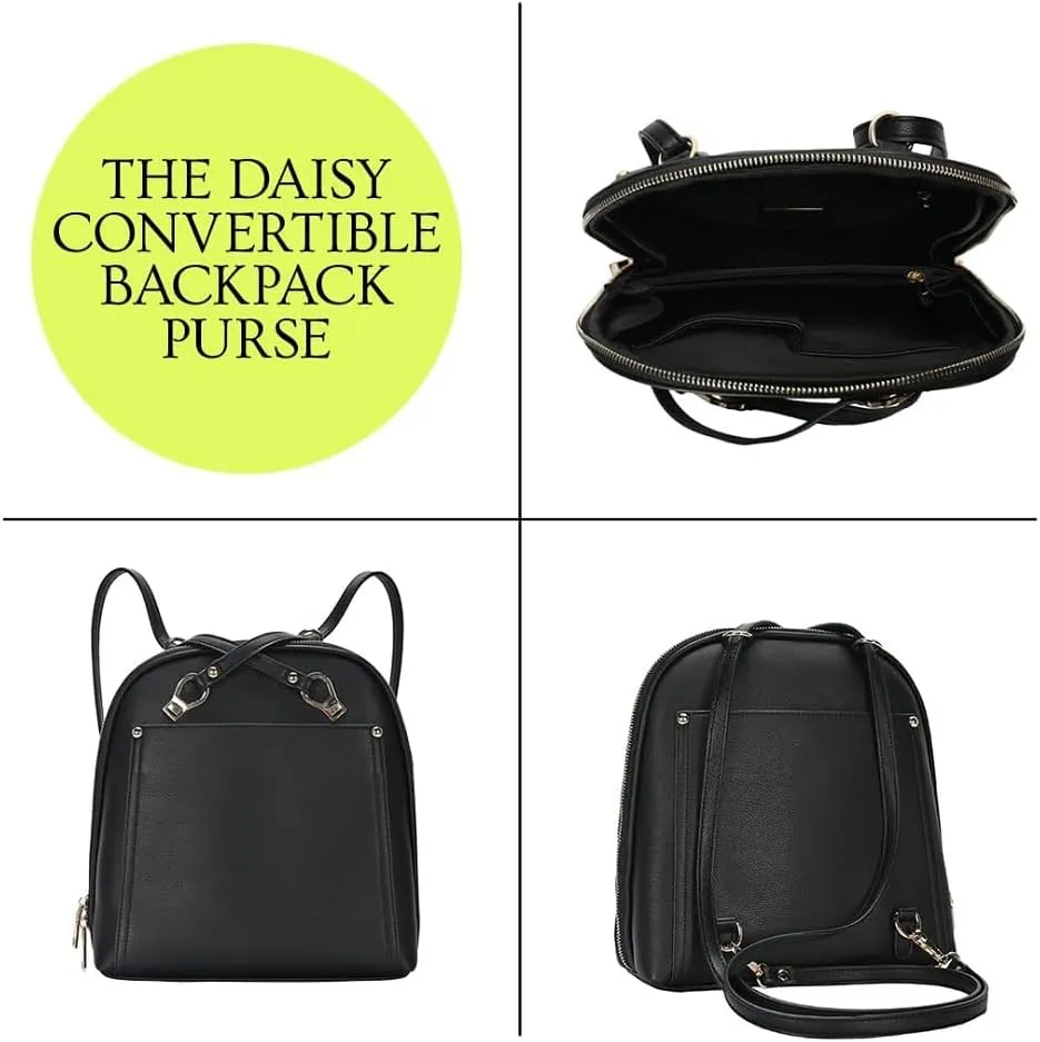 Miztique The Daisy Convertible Backpack Purse for Women (Black) | Soft Vegan Leather Shoulder Strap Bag or Convertible Backpack | 10.5in x 4in x 11.5in |