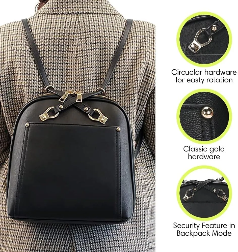 Miztique The Daisy Convertible Backpack Purse for Women (Black) | Soft Vegan Leather Shoulder Strap Bag or Convertible Backpack | 10.5in x 4in x 11.5in |
