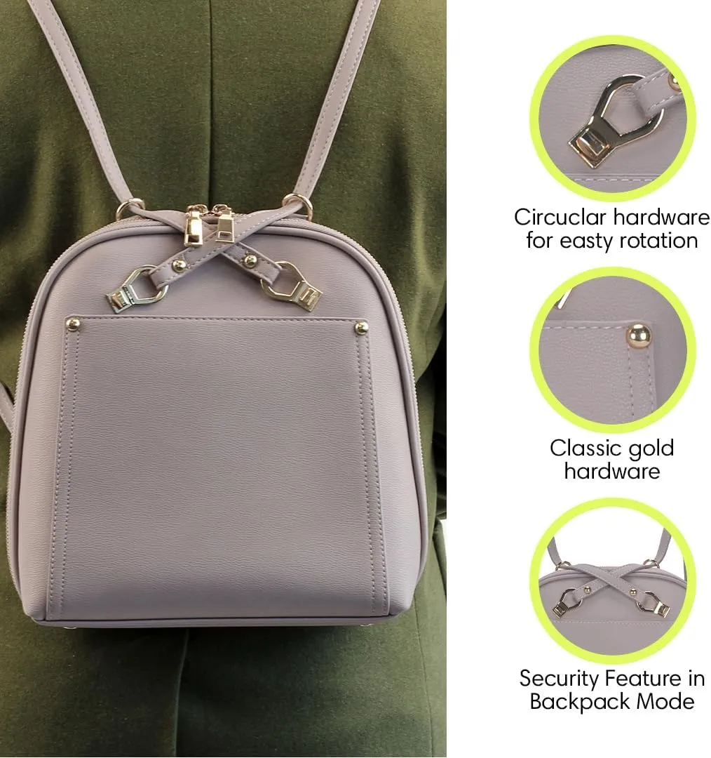 Miztique The Daisy Convertible Backpack Purse for Women (Lilac) | Soft Vegan Leather Shoulder Strap Bag or Convertible Backpack | 10.5in x 4in x 11.5in |