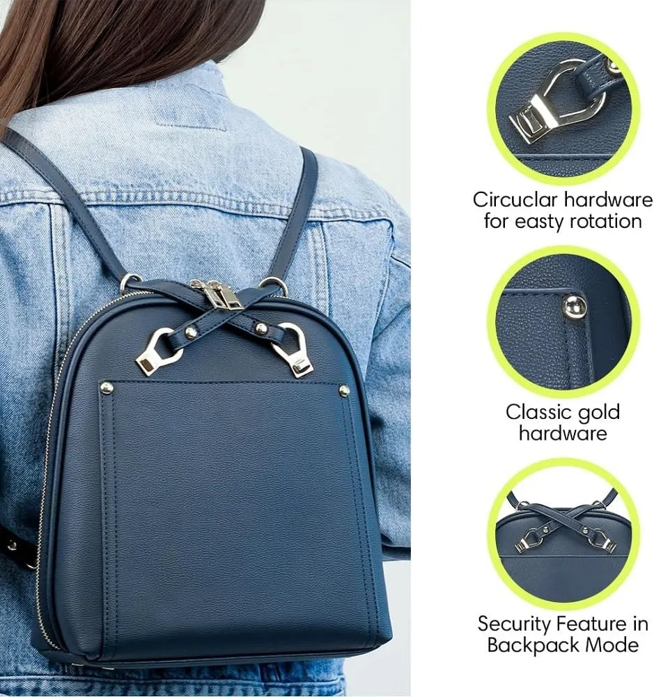 Miztique - The Daisy Convertible Backpack Purse for Women (Navy) | Soft Vegan Leather Shoulder Strap Bag or Convertible Backpack | 10.5in x 4in x 11.5in |