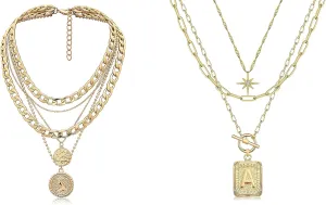 MJartoria Bundle - Layered Necklaces for Women Retro Coin Pendant Gold Chain Necklaces and Layered Gold Initial Necklaces for Women Square Letter Pendant