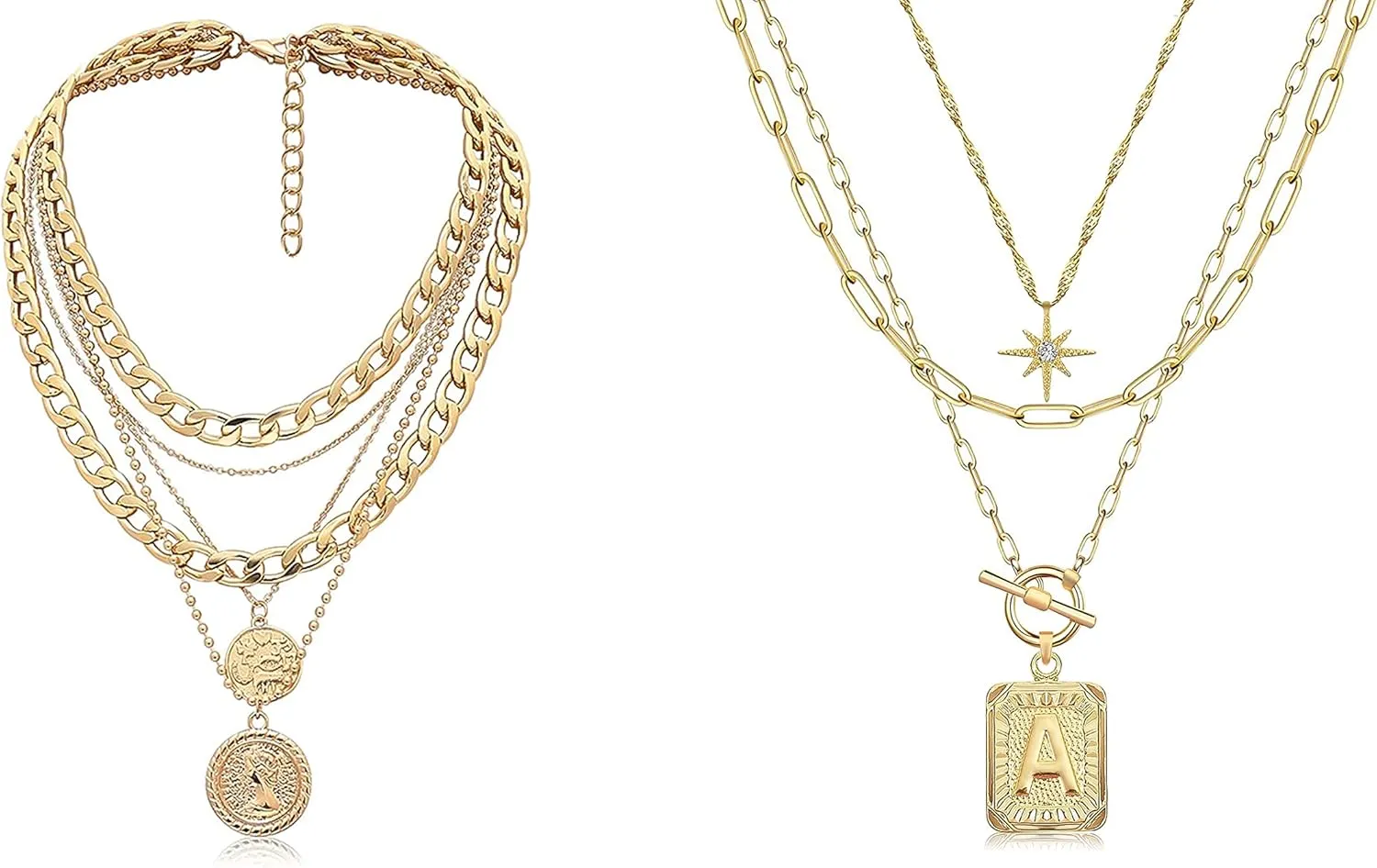 MJartoria Bundle - Layered Necklaces for Women Retro Coin Pendant Gold Chain Necklaces and Layered Gold Initial Necklaces for Women Square Letter Pendant