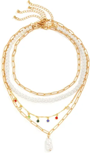 Multilayer Necklaces for Women, Dainty Layered Necklaces for Women Pearl Color Rhinestone Tassel Pendant Chain Necklaces Jewelry Gifts, 4 Pieces, Gold