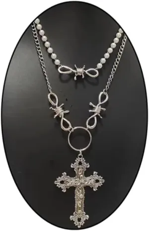 Multilayer Pearl Cross Necklaces for Women Gothic Cross Pendant Necklaces Y2K Thorn Necklaces Vintage Floral Cross Choker Hip Hop Punk Jewelry Gifts