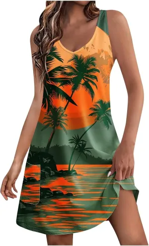Mzkdieey Women's Summer Dresses 2024 Casual Sleeveless V Neck Sunset Beach Palm Tree Print Tank Loose Sundress with Pockets