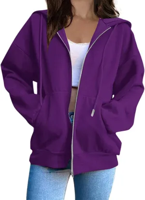 Mzkdieey Womens Zip Up Hoodies Fall Jacket Drawstring Long Sleeve Hooded Sweatshirts Oversized Outerwear Coat with Pockets