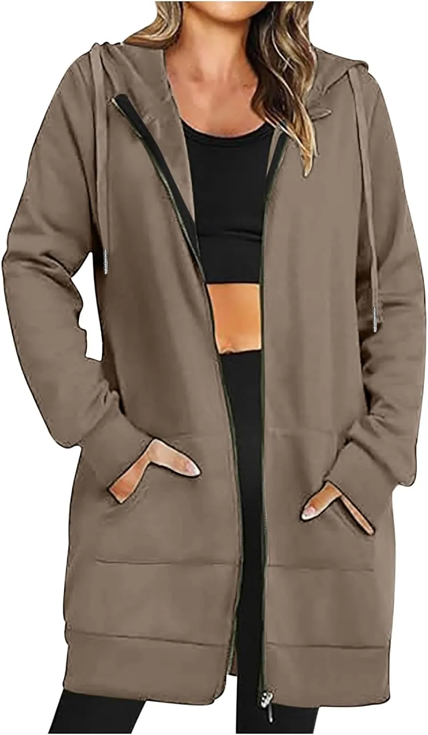 Mzkdieey Women's Zip Up Hoodies Oversized Fleece Long Tunic Sweatshirts Drawstring Long Sleeve Jacket Coats with Pockets