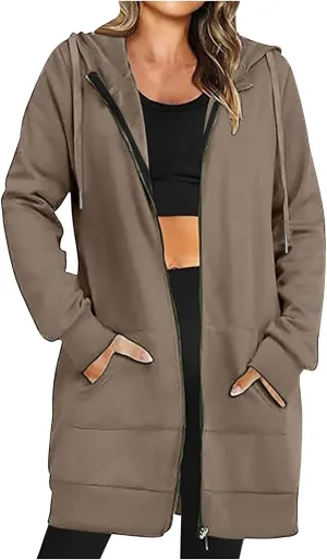 Mzkdieey Women's Zip Up Hoodies Oversized Fleece Long Tunic Sweatshirts Drawstring Long Sleeve Jacket Coats with Pockets