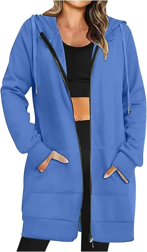 Mzkdieey Women's Zip Up Hoodies Oversized Fleece Long Tunic Sweatshirts Drawstring Long Sleeve Jacket Coats with Pockets