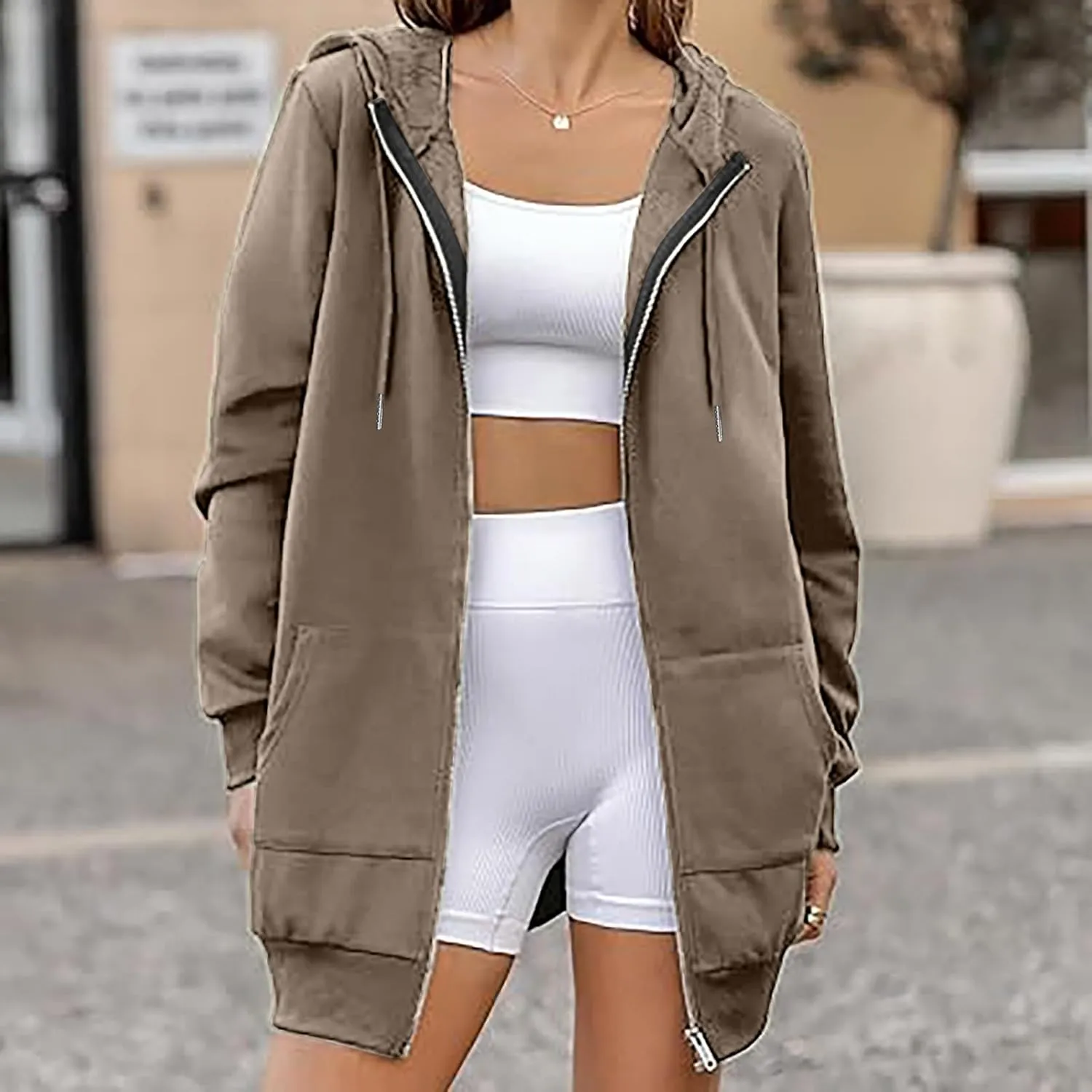 Mzkdieey Women's Zip Up Hoodies Oversized Fleece Long Tunic Sweatshirts Drawstring Long Sleeve Jacket Coats with Pockets