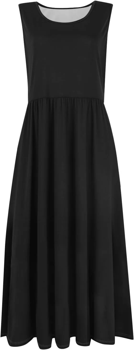 NBXNZWF Summer Dresses for Women 2025 Casual Loose Sleeveless Sundresses Beach A-Line Tank T-Shirt Midi Dress with Pockets